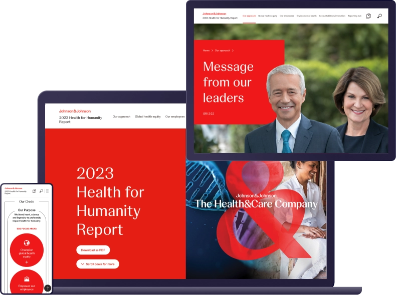 Mock-ups of the landingpage, CEO letter, and highlights page of the J&J Health for Humanity Report on laptop, tablet and mobile device (Graphic)