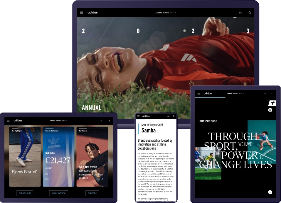 Mock-ups of the landingpage, CEO letter, and highlights page of the adidas Annual Report on laptop, tablet and mobile device (Graphic)