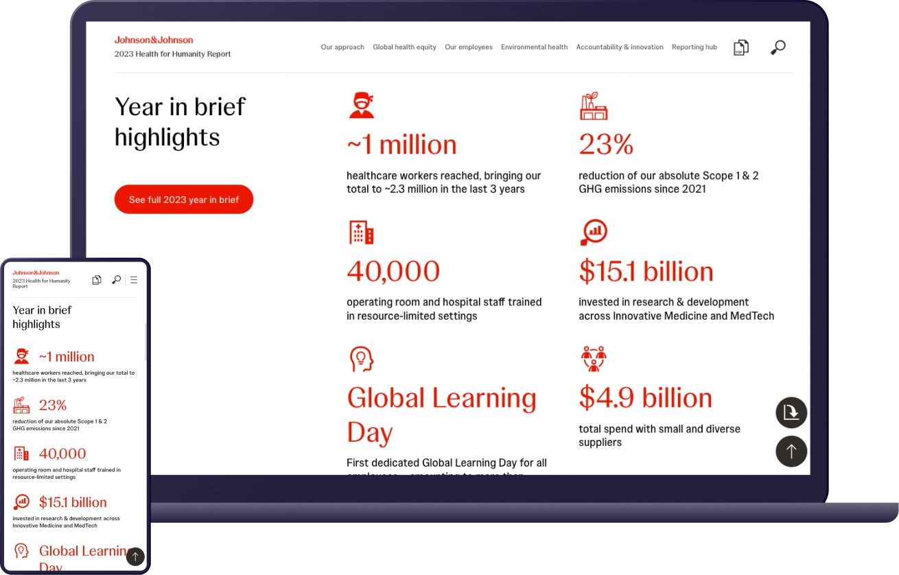 Mock-ups of the highlights page of the J&J Health for Humanity Report on laptop and mobile device (Graphic)